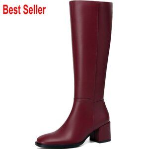 Faux Leather Knee High Boots with Block Heel and Side Zipper